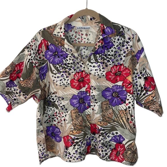 Caribou Vintage Womens Camp Shirt Size Large Cheetah Floral Print Button Down - Picture 9 of 10